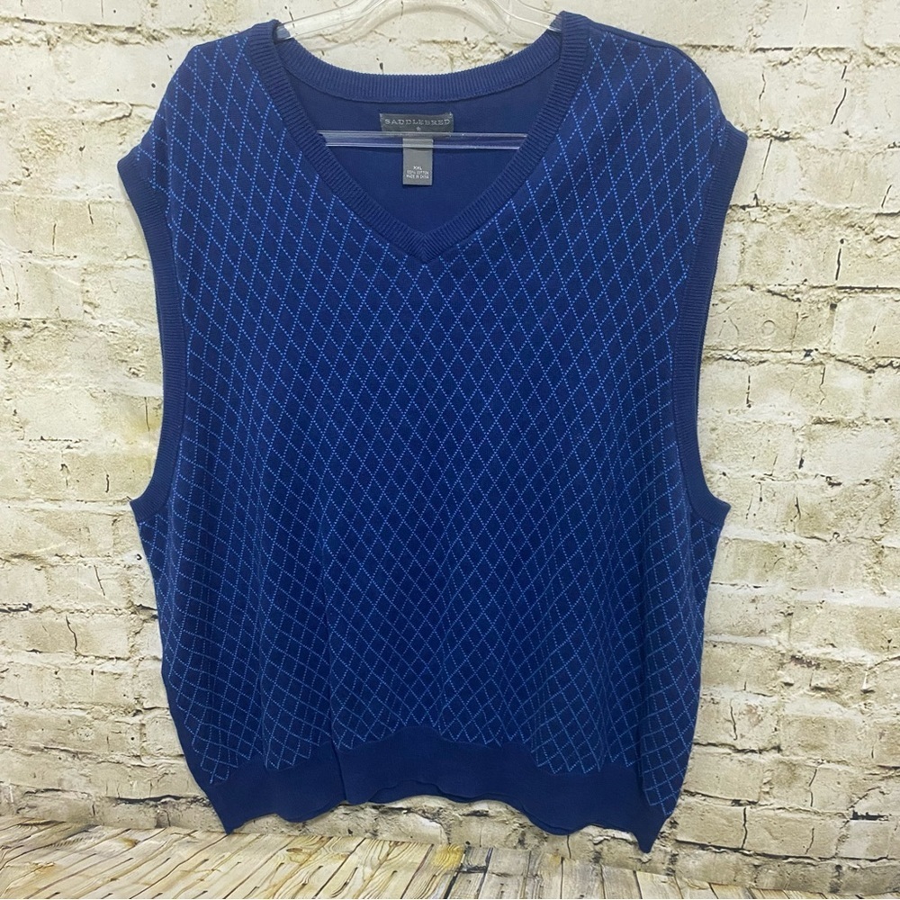 Saddlebred Blue Diamond Print Cotton V Neck Sweater Vest